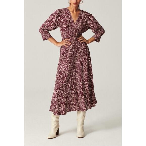ba&sh LOA Burgundy Printed V-Neck 3/4 Sleeve Viscose Midi Dress Size Small NWT - Picture 1 of 7